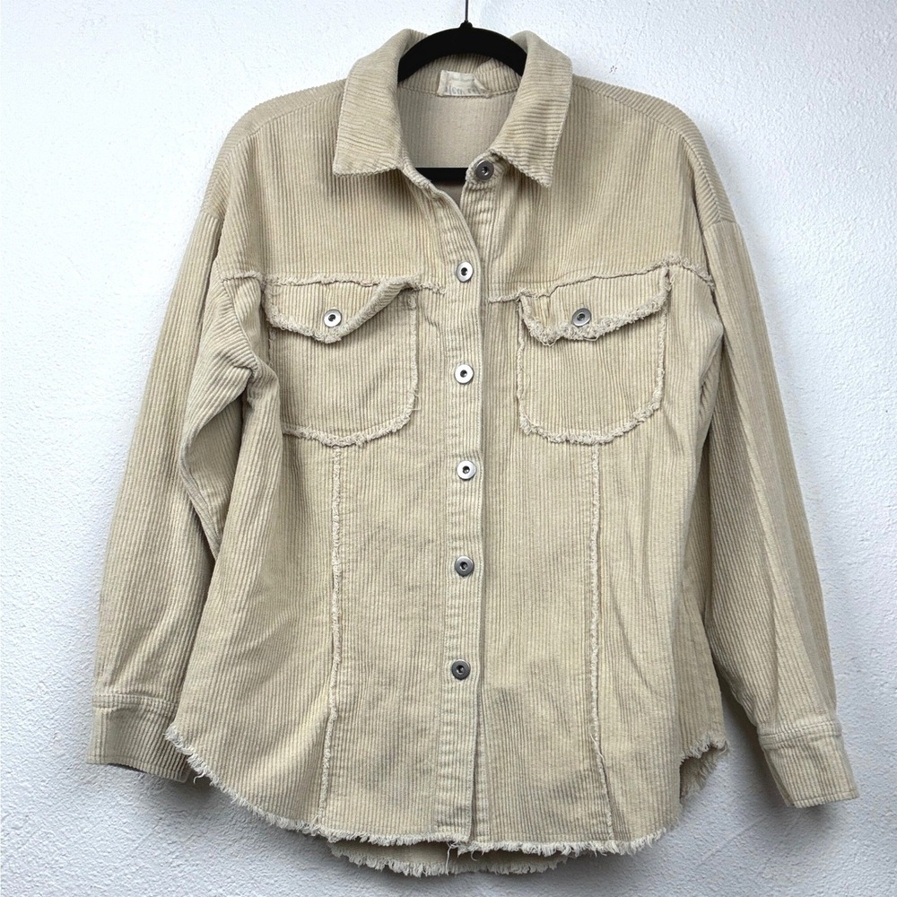 New In Beige Corduroy Shacket - M - Raw Hem Button Down Boho Western
